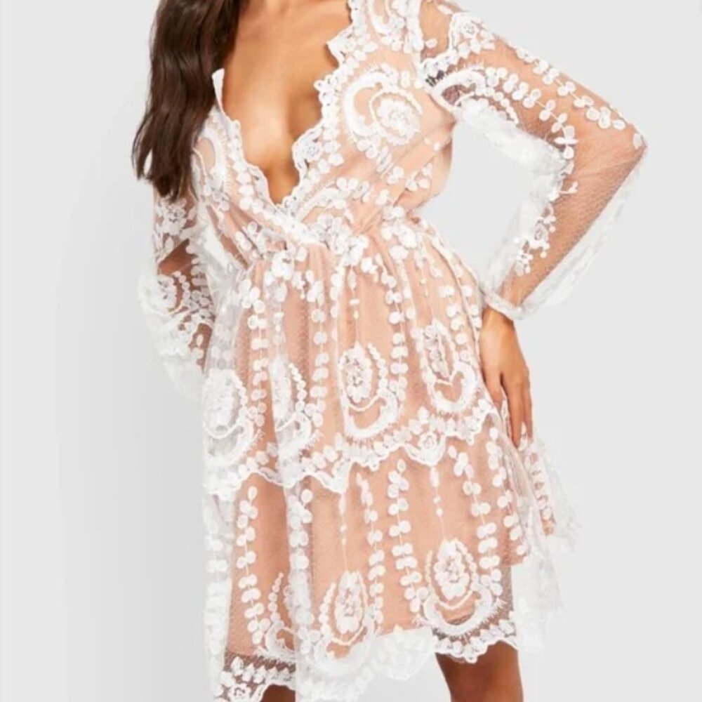 Boohoo White Lace Long Sleeve Dress - Picture 2 of 9